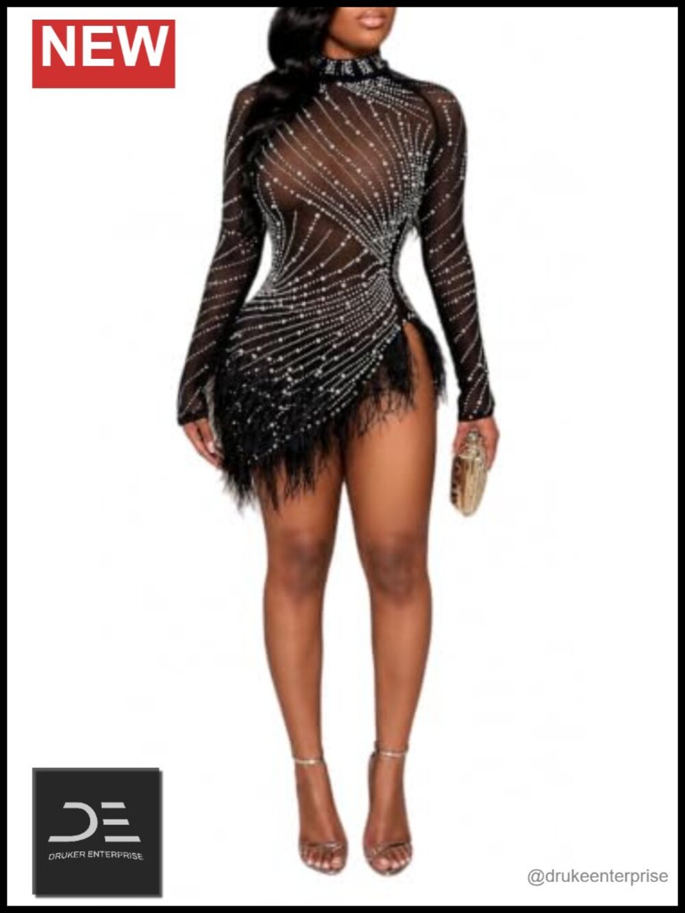 Rhinestone Feather Mesh Bodycon Long Sleeve Mini Dress Party Clubwear
